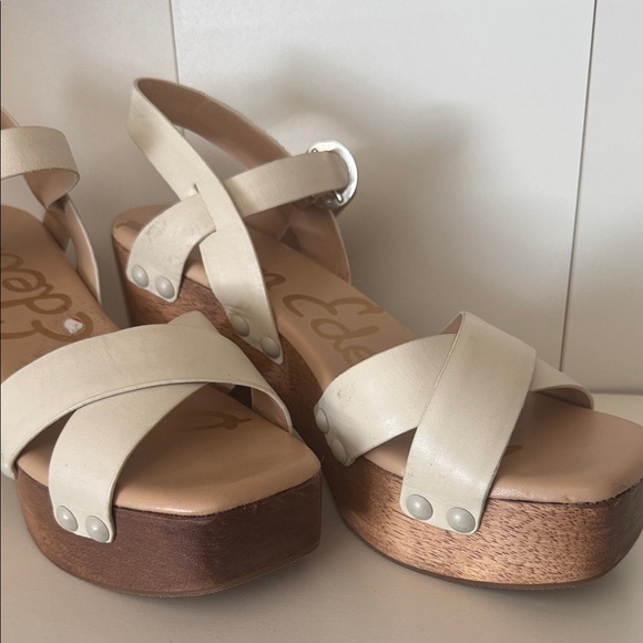 Sam Edelman Size 8.5 Josefine Heeled Platform Ivory Leather Blocked Heel Sandals - Picture 2 of 16